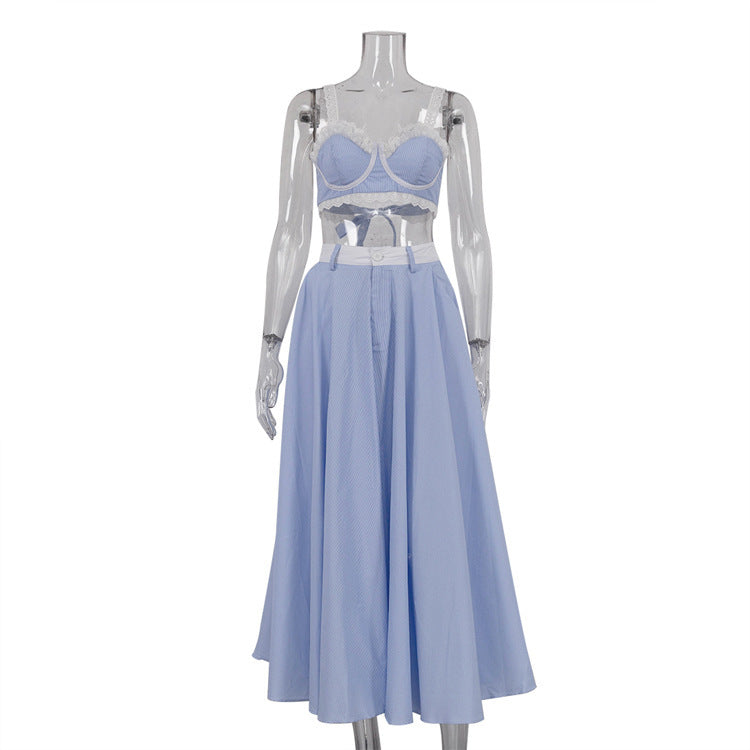 Lace Splicing Sling Vest High Waist Big Swing Skirt Fashion  | Yazijico™