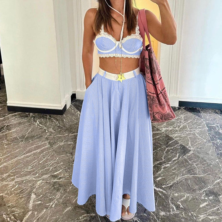 Lace Splicing Sling Vest High Waist Big Swing Skirt Fashion | Yazijico™