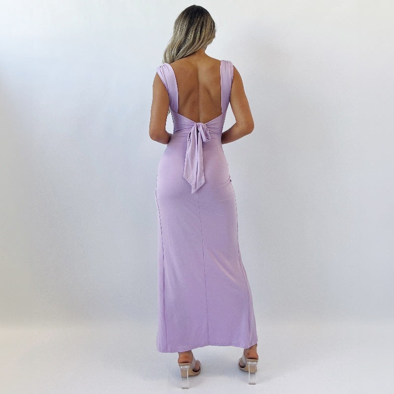 Slim Sleeveless Slit Dress With Back Tie Design  Yazijico™