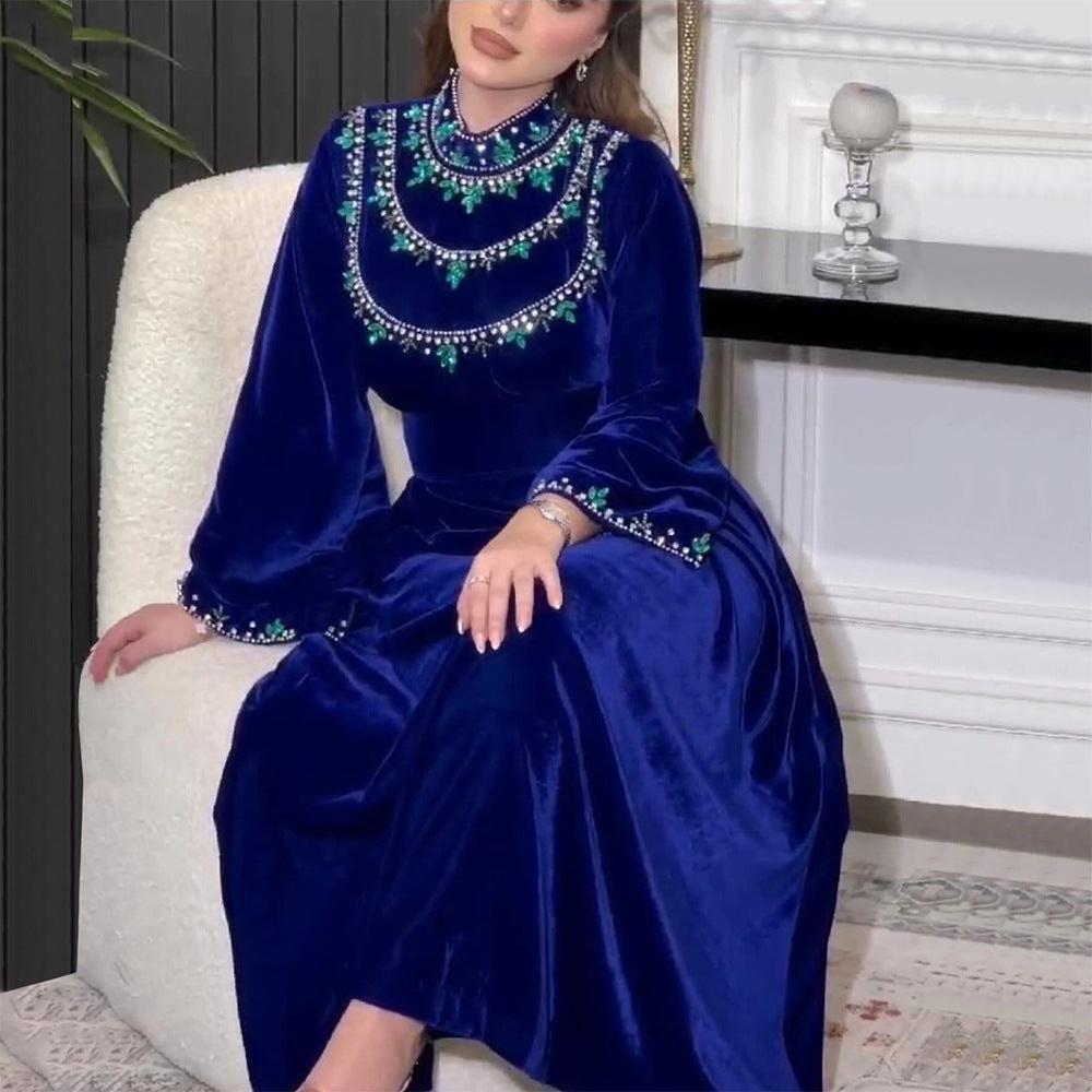 Velvet Zipper Green Drop-shaped Diamond Middle East Dress | Yazijico™