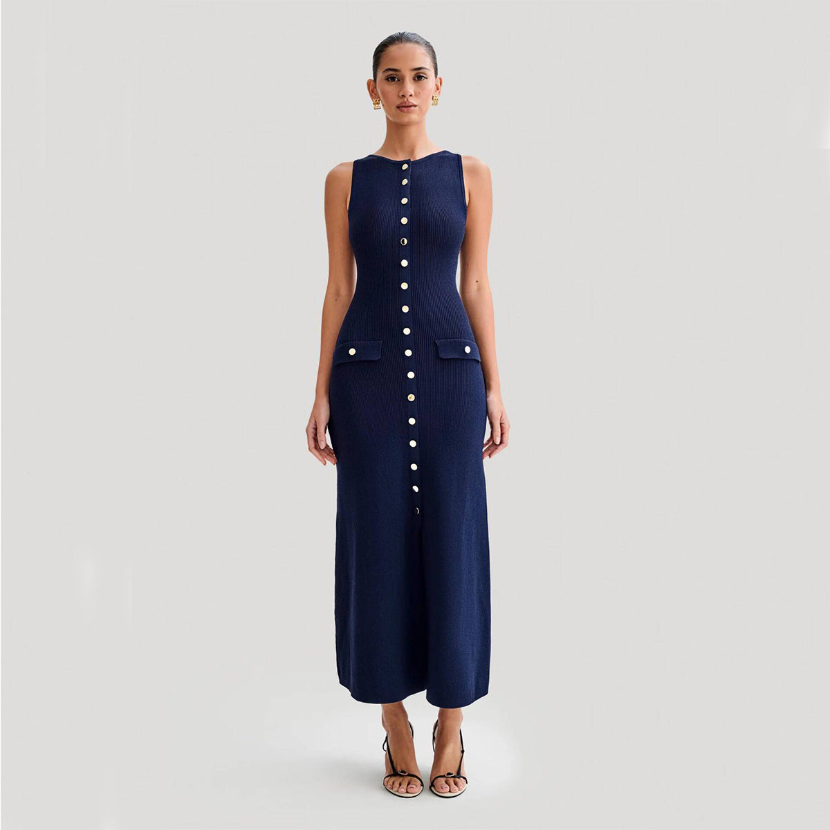 Knitted Sleeveless Dress With Single Breast  Yazijico™