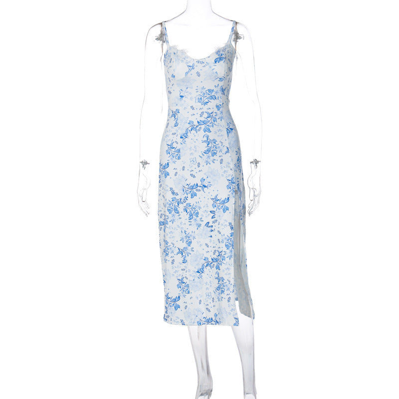 Robe longue en dentelle à imprimé floral et bretelles fendues | Yazijico™