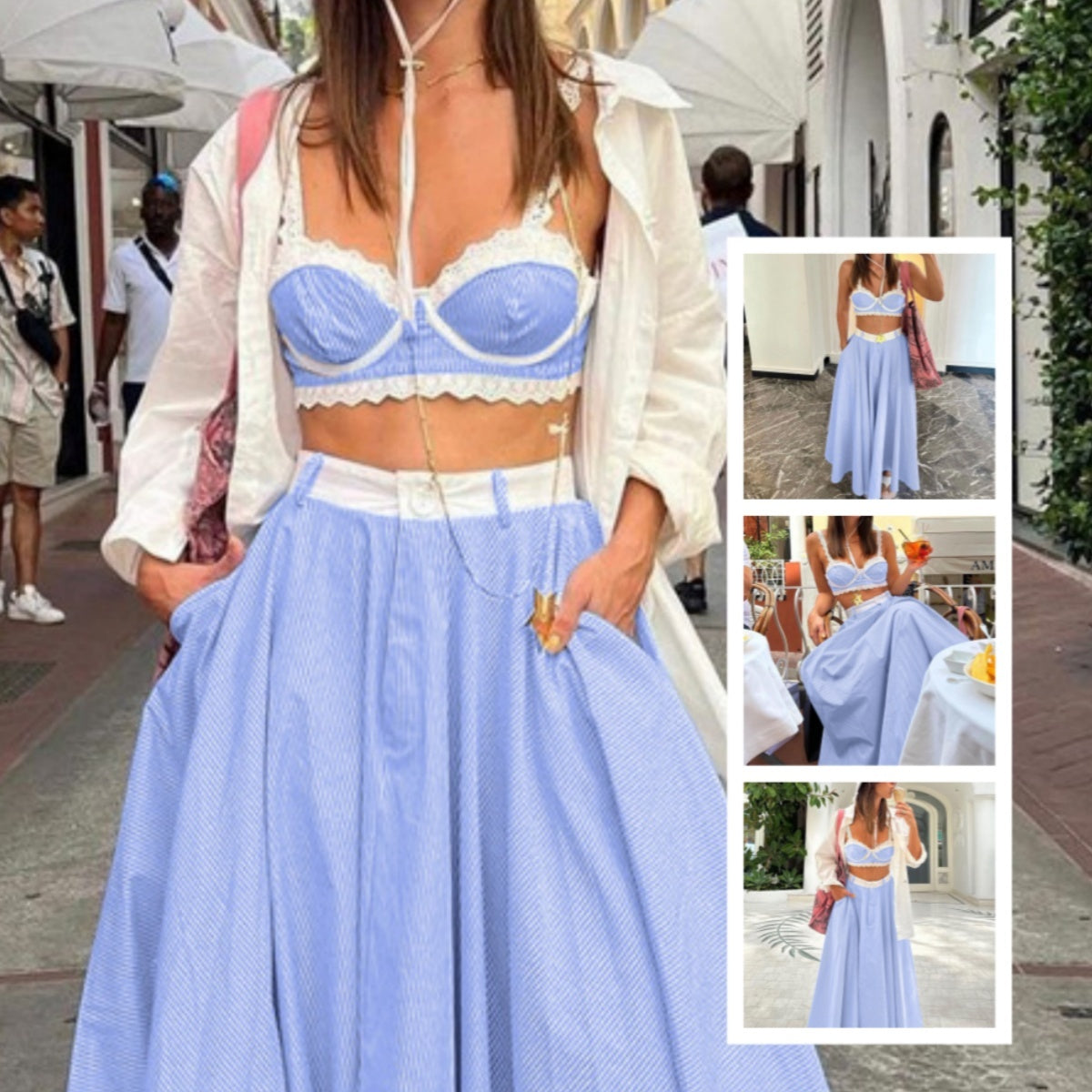Lace Splicing Sling Vest High Waist Big Swing Skirt Fashion | Yazijico™