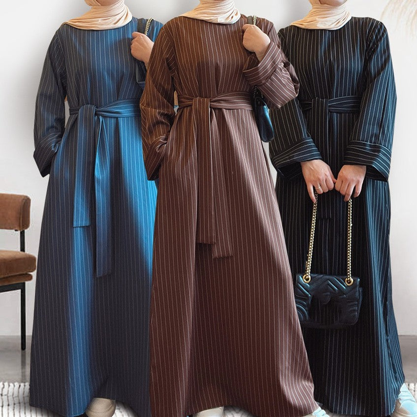 Middle East Stripe Tunneled Long Dress Women   Yazijico™