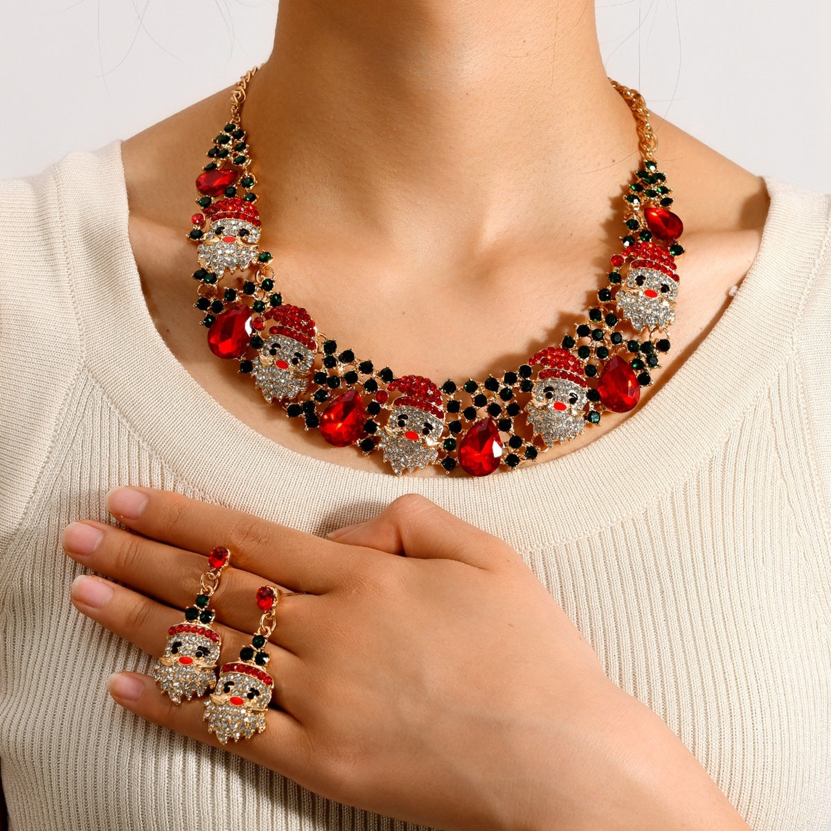 Christmas Necklace Earrings Set With Colored Rhinestones | Yazijico™
