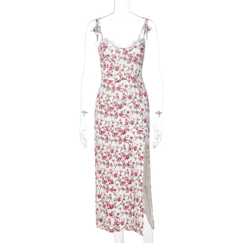 Robe longue en dentelle à imprimé floral et bretelles fendues | Yazijico™