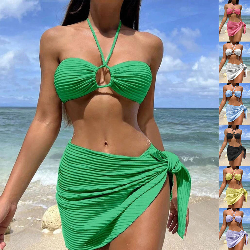 Swimsuit Summer Beach Bikini Set 3pcs Solid Color | Yazijico™