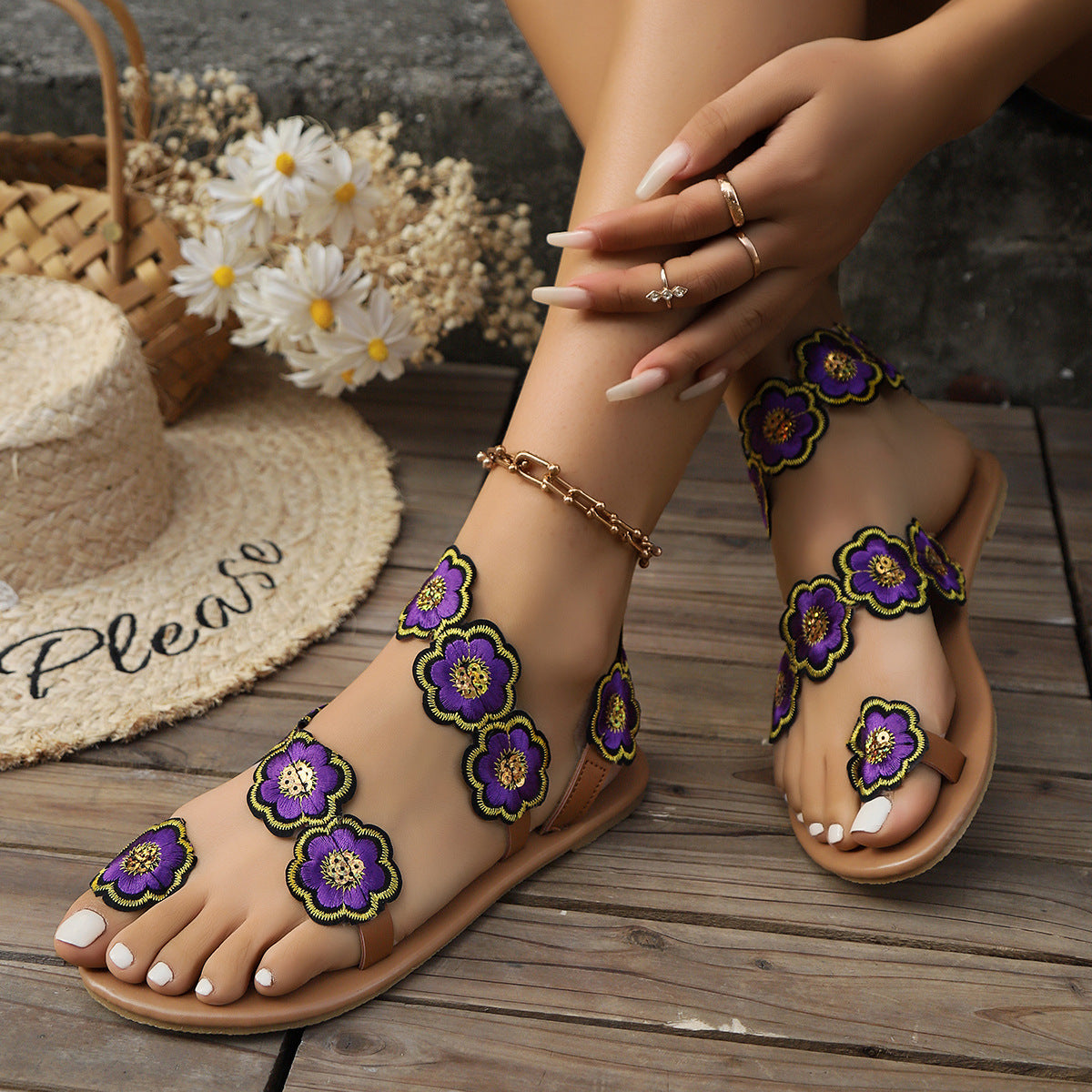 Sandals Ethnic Style Flowers Flat  Summer  Yazijico™