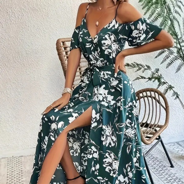 Flower Print Split Suspender Dress With Lace-up Yazijico™