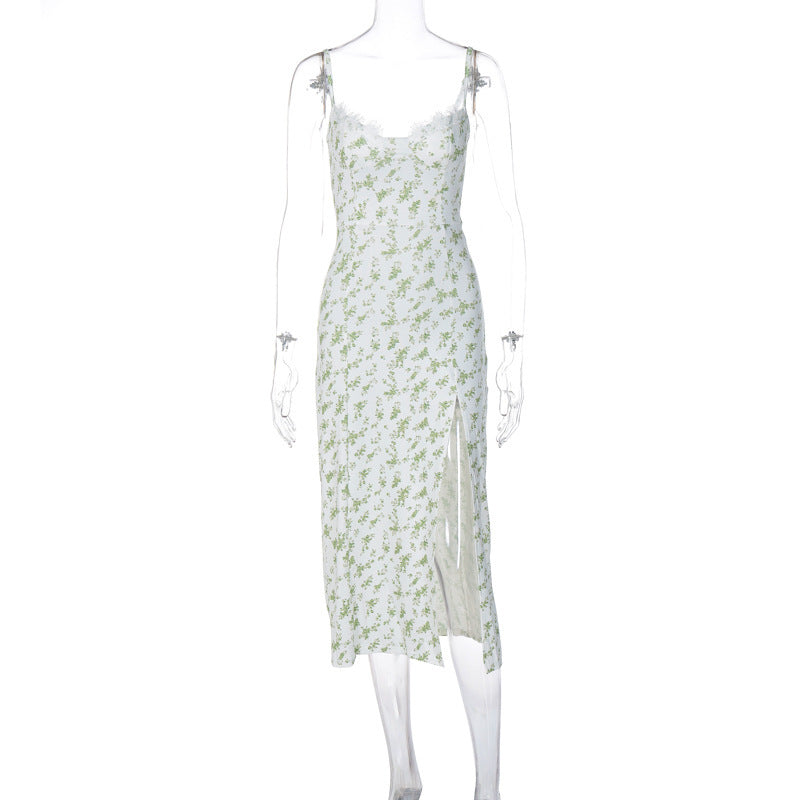 Robe longue en dentelle à imprimé floral et bretelles fendues | Yazijico™