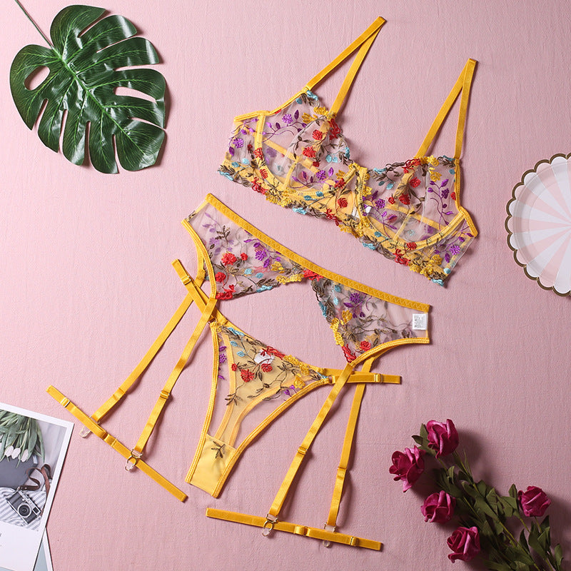 Lingerie Ellolace, ensemble 3 pièces en dentelle transparente brodée | Yazijico™