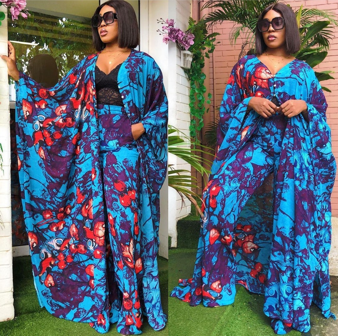 Woman wearing a colorful outfit with a floral pattern in two different poses.