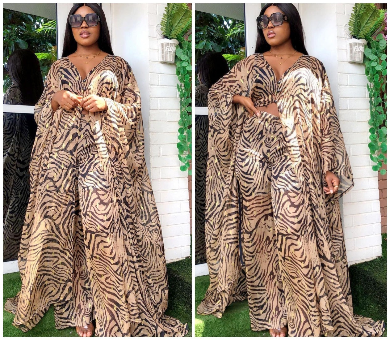 Woman wearing a zebra print dress in two different poses against a white wall with greenery.