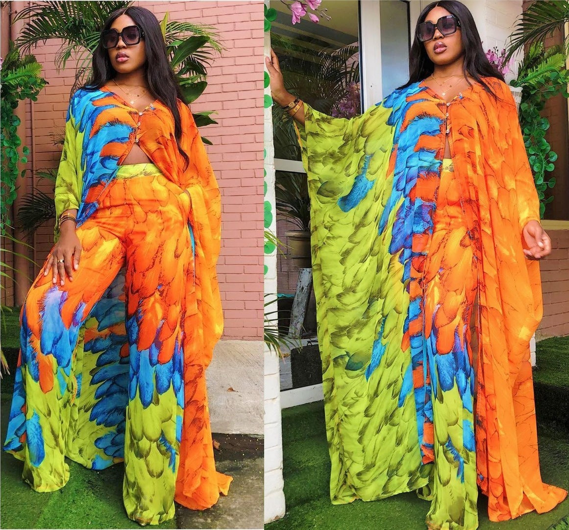 Woman wearing a colorful outfit with orange, blue, and green patterns.