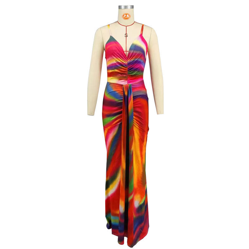 Colorful dress on a mannequin against a white background