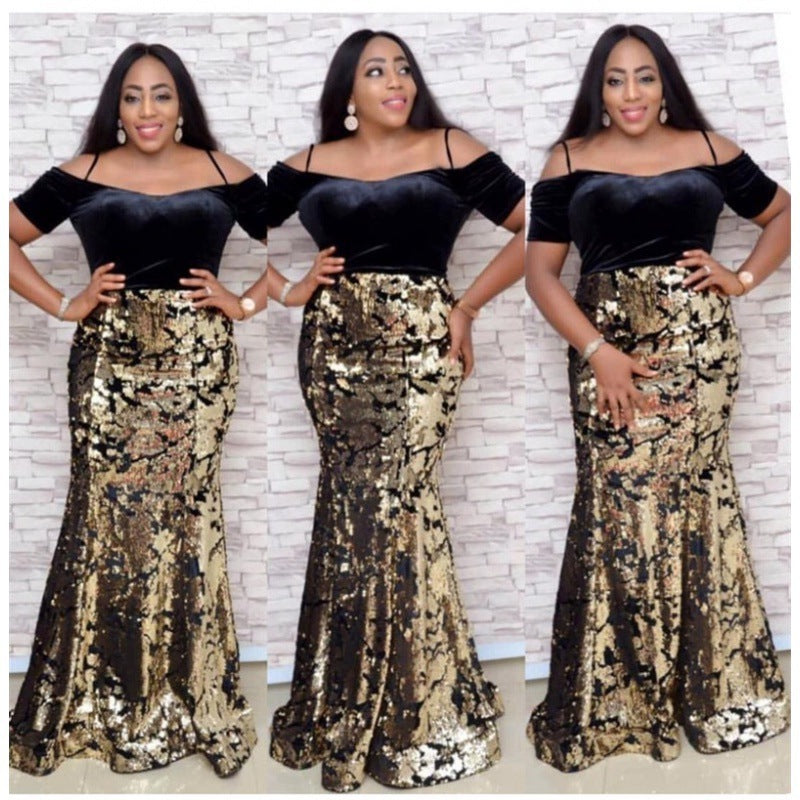 Three images of a woman wearing a black top and gold sequin skirt against a white brick wall.