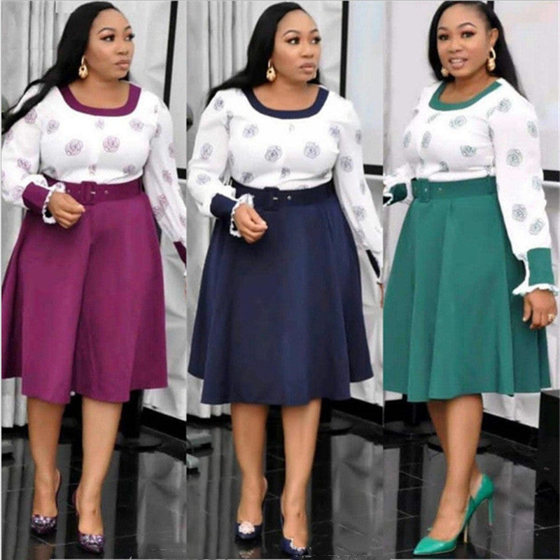 Three outfits worn by a woman with different colored skirts.