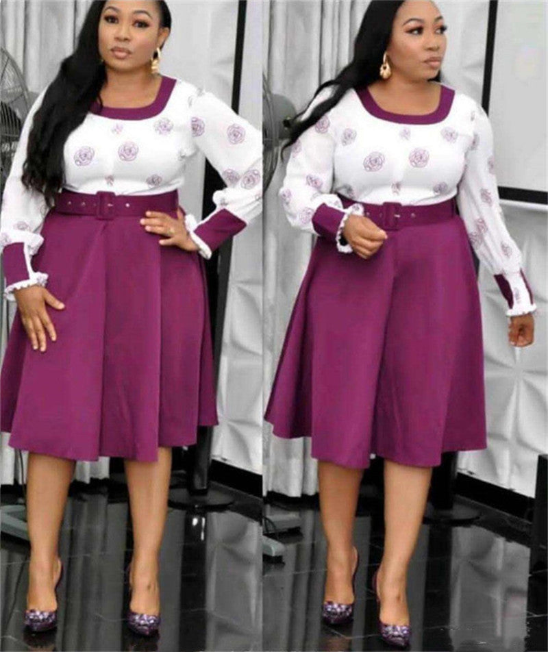 Woman wearing a white top with purple accents and a matching skirt in two different poses.