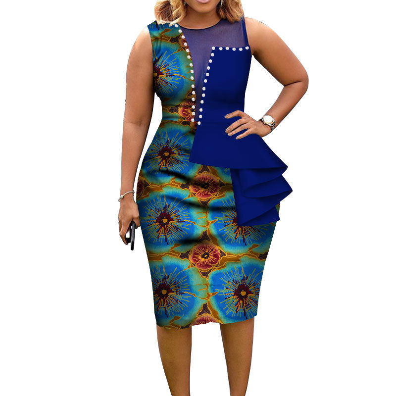 Woman wearing a colorful dress with a blue overlay on a white background