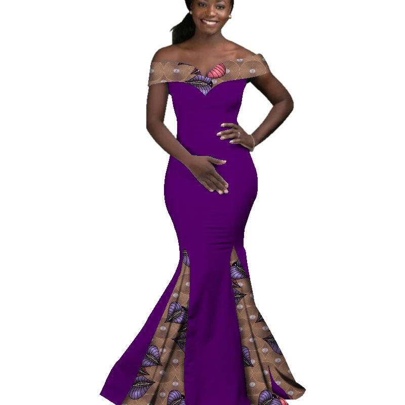 Purple and brown patterned off-shoulder gown on a white background