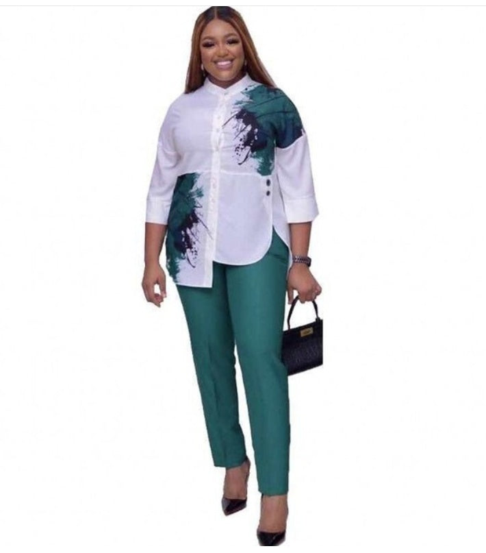 African Women Fashion Suits Print Shirt and Pants Set