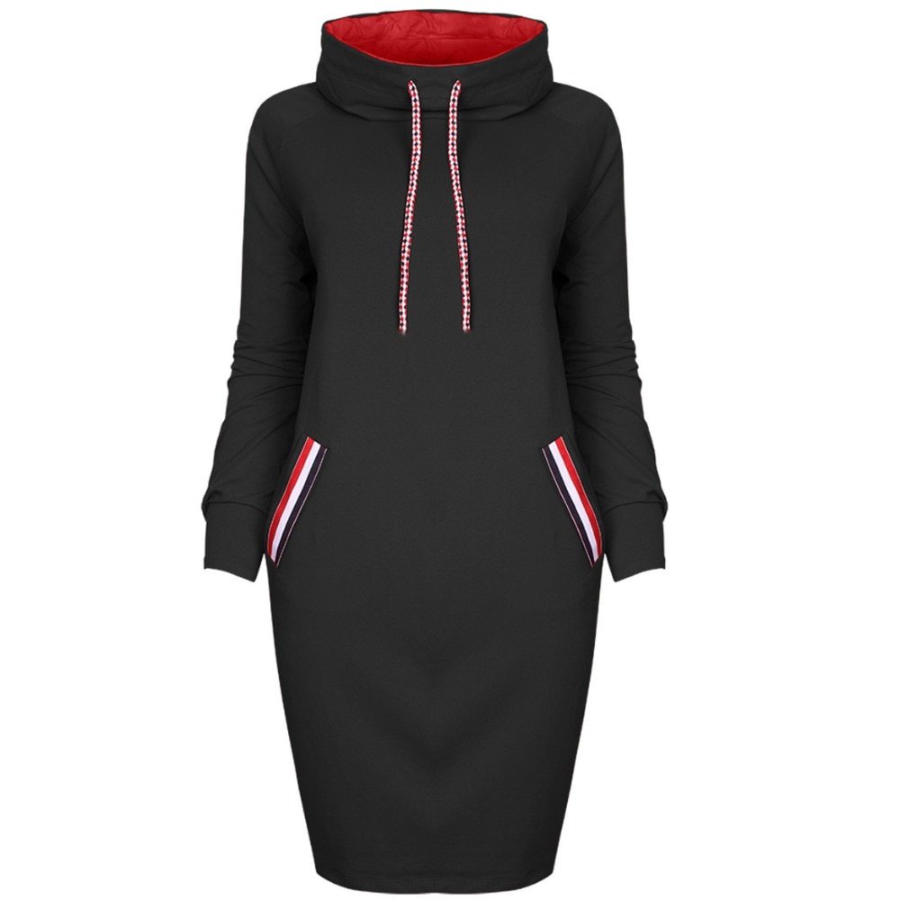 Black dress with red interior and white trim on a white background