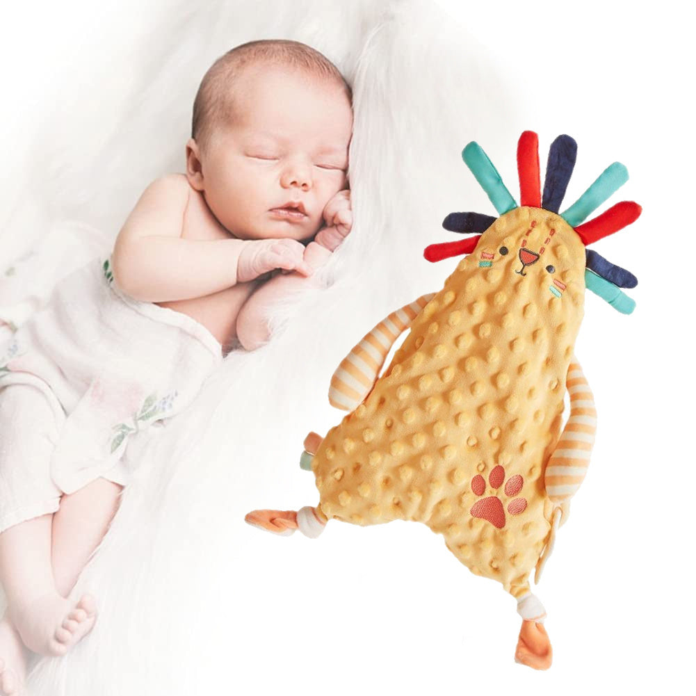 Newborn baby sleeping next to a colorful hedgehog-shaped toy on a white background