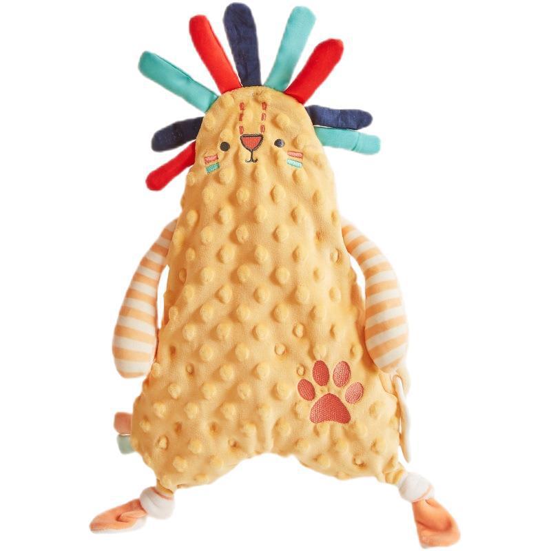 Colorful hedgehog-shaped toy with a textured body and colorful spines on a white background