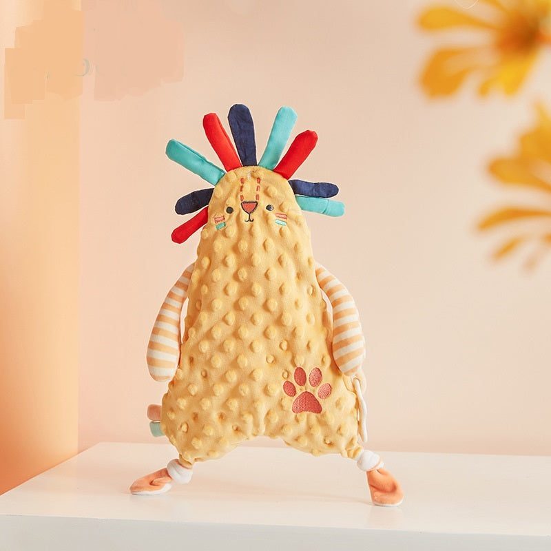 Colorful plush toy resembling a hedgehog with a textured back on a light background