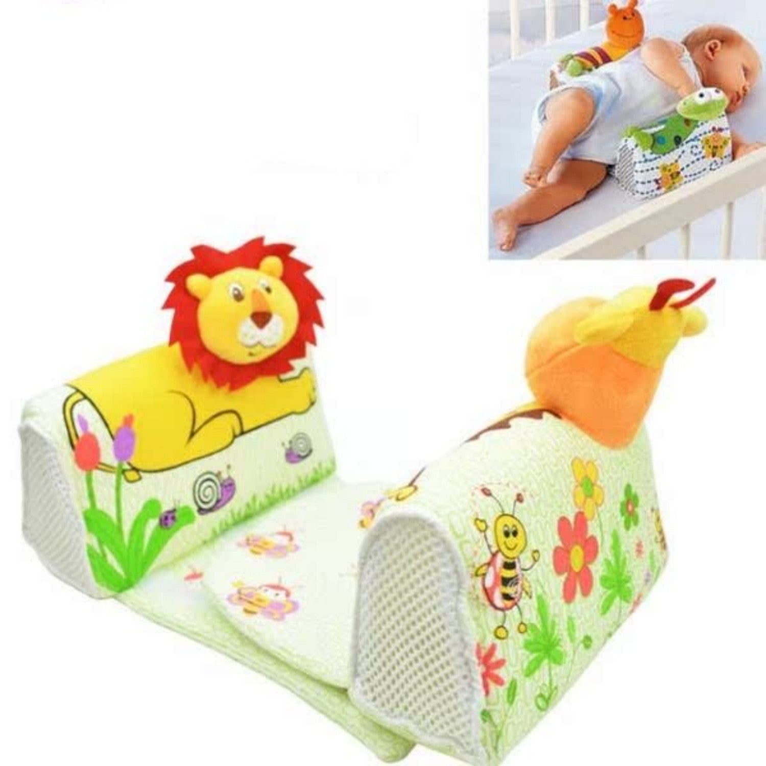 Baby wedge with lion design and inset showing a baby lying on it.