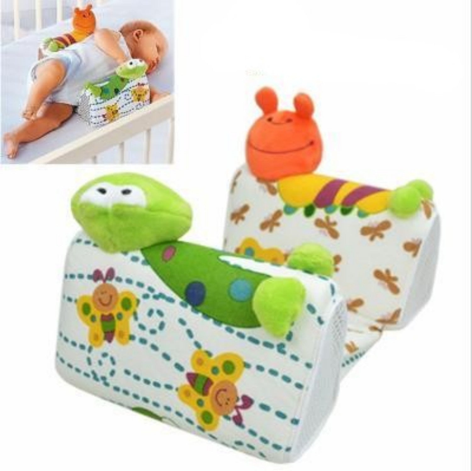 Two cartoon-themed pillows with colorful designs on a white background.