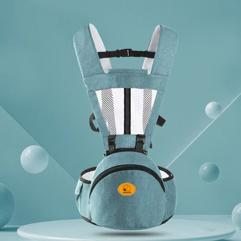 Blue baby carrier with a brand logo on a teal background