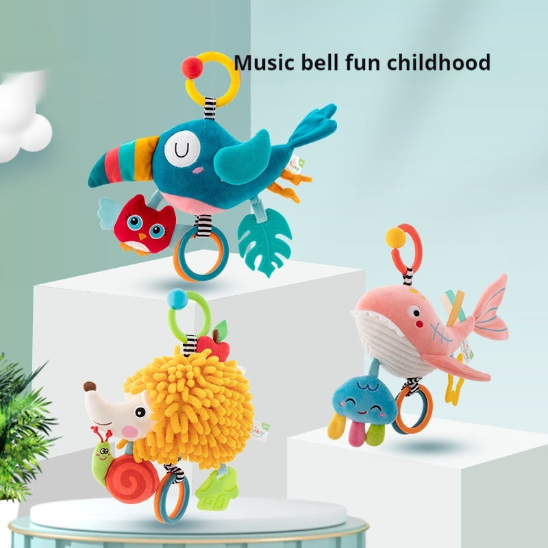 Colorful baby toys with animal designs on a light blue background