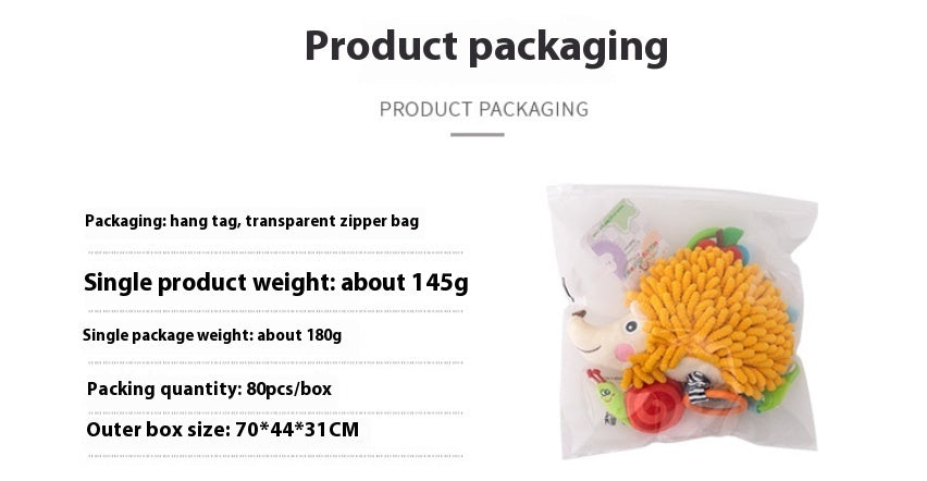 Product packaging with a transparent zipper bag containing a colorful hedgehog toy.