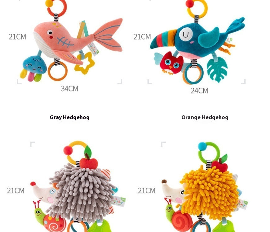 Colorful baby toys with animal designs and measurements on a white background