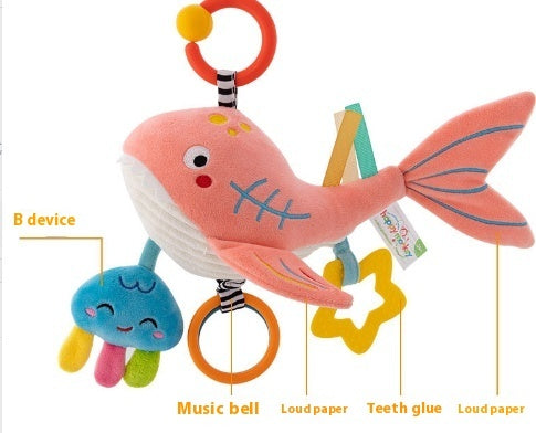 Pink plush toy with various educational elements on a white background
