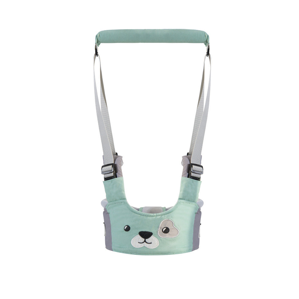 Light blue baby safety harness with a cartoon dog face on a white background