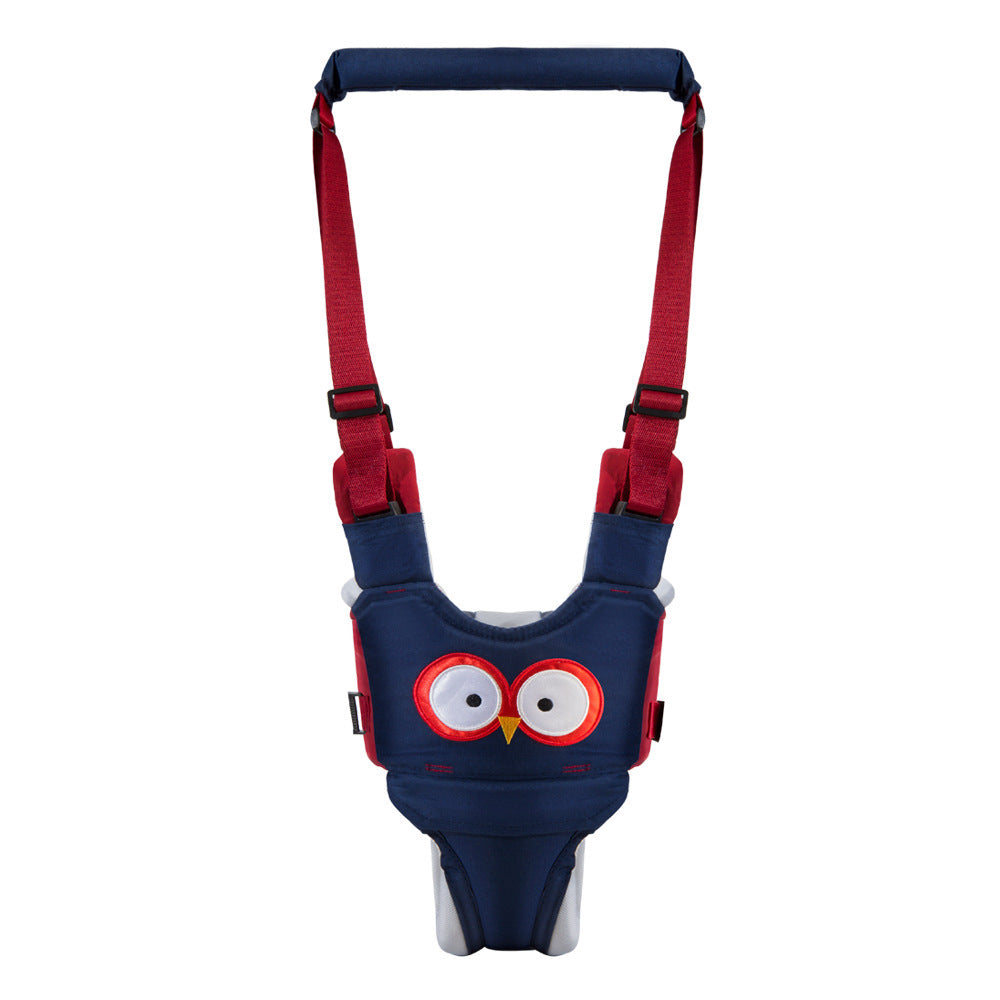 Navy blue and red baby harness with owl design on a white background