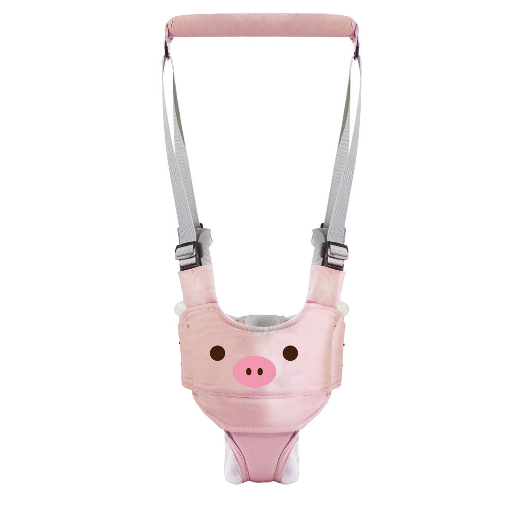 Pink baby harness with pig design on a white background