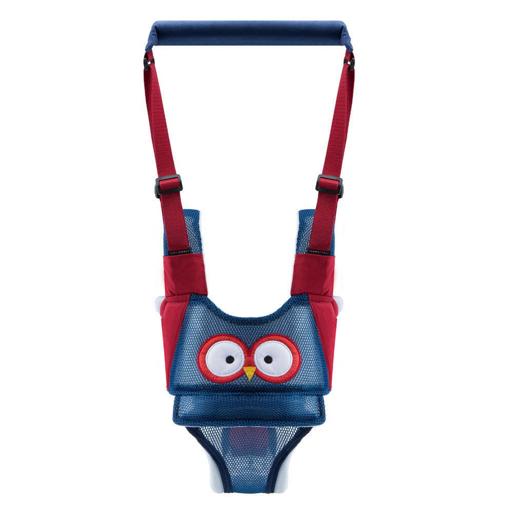 Red and blue baby harness with owl design on a white background