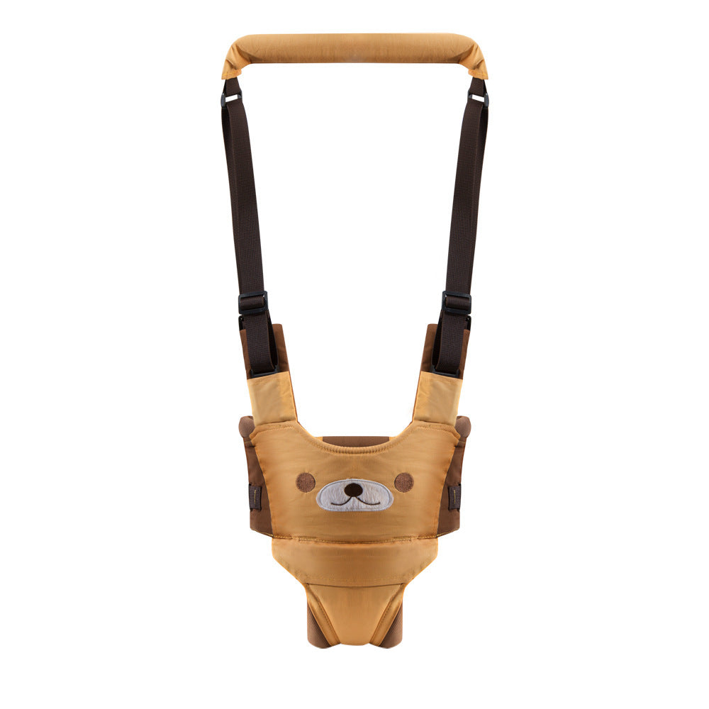 Brown baby harness with bear face design on a white background