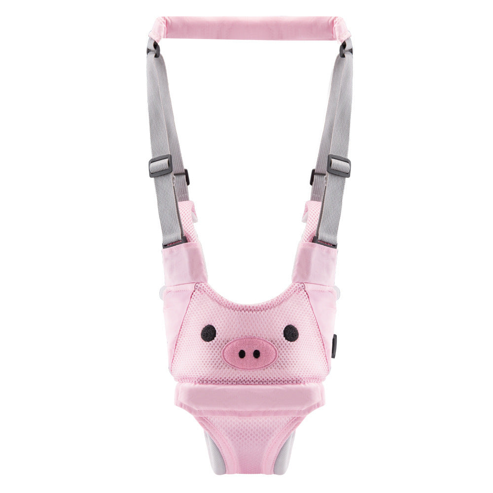 Pink baby harness with pig design on a white background