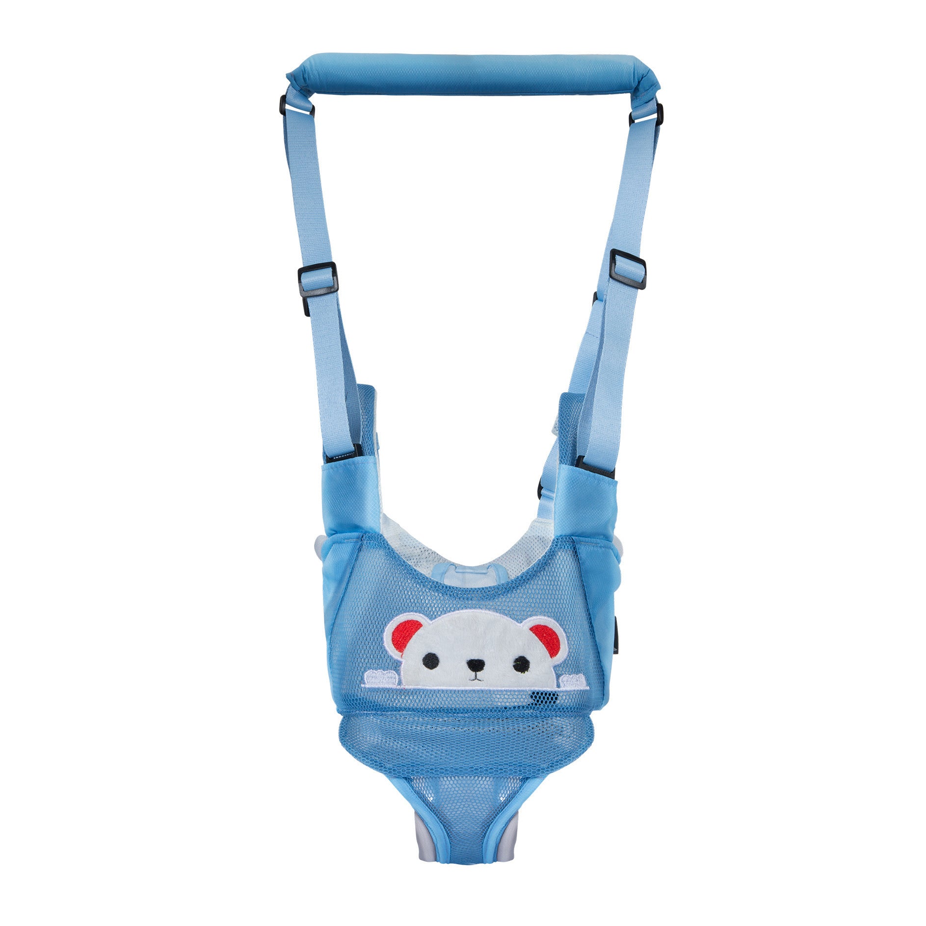 Blue baby harness with bear design on a white background