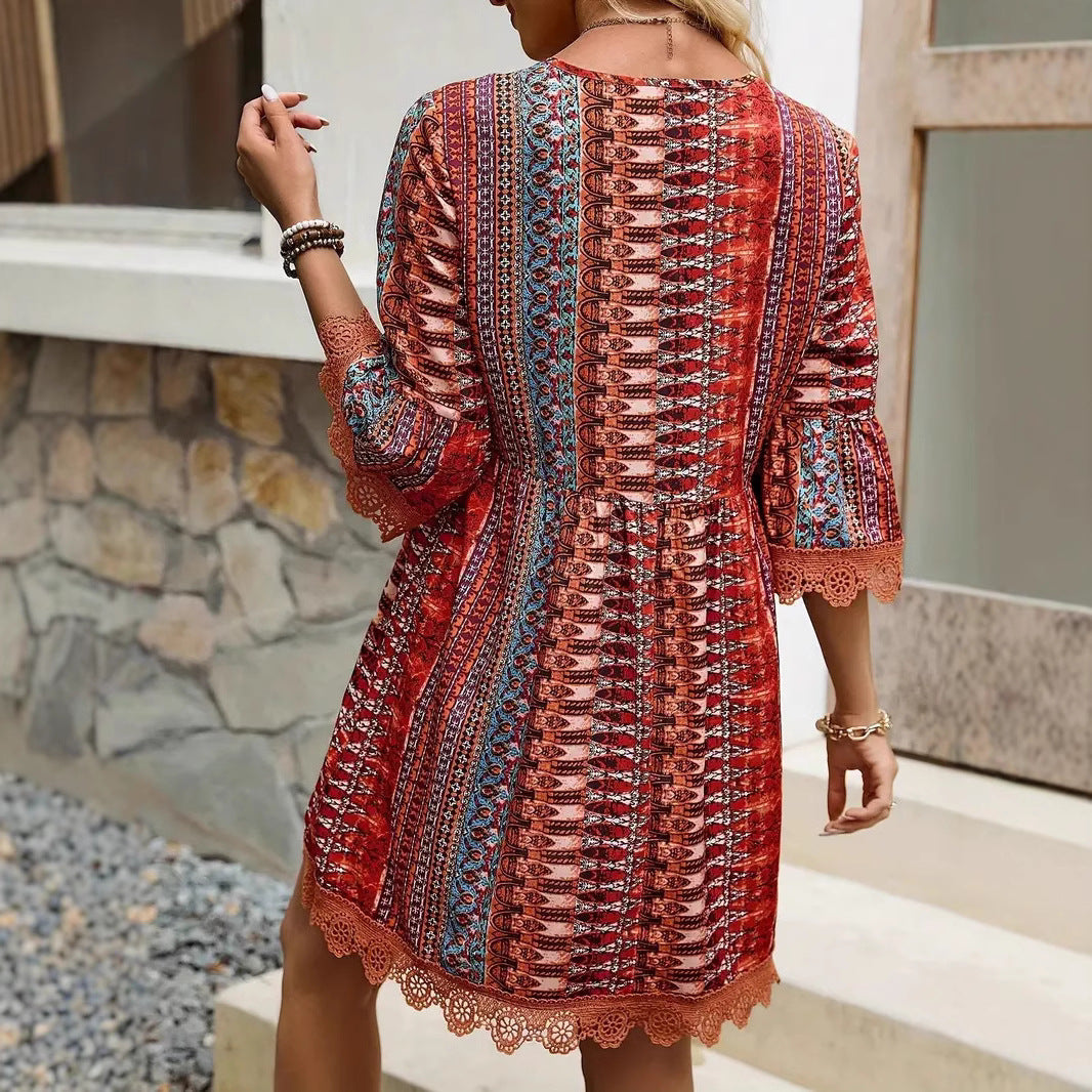 Bohemian Style V-neck Printed Dress Fashion