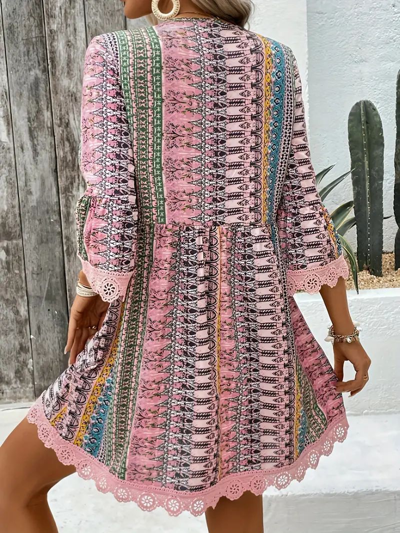 Bohemian Style V-neck Printed Dress Fashion