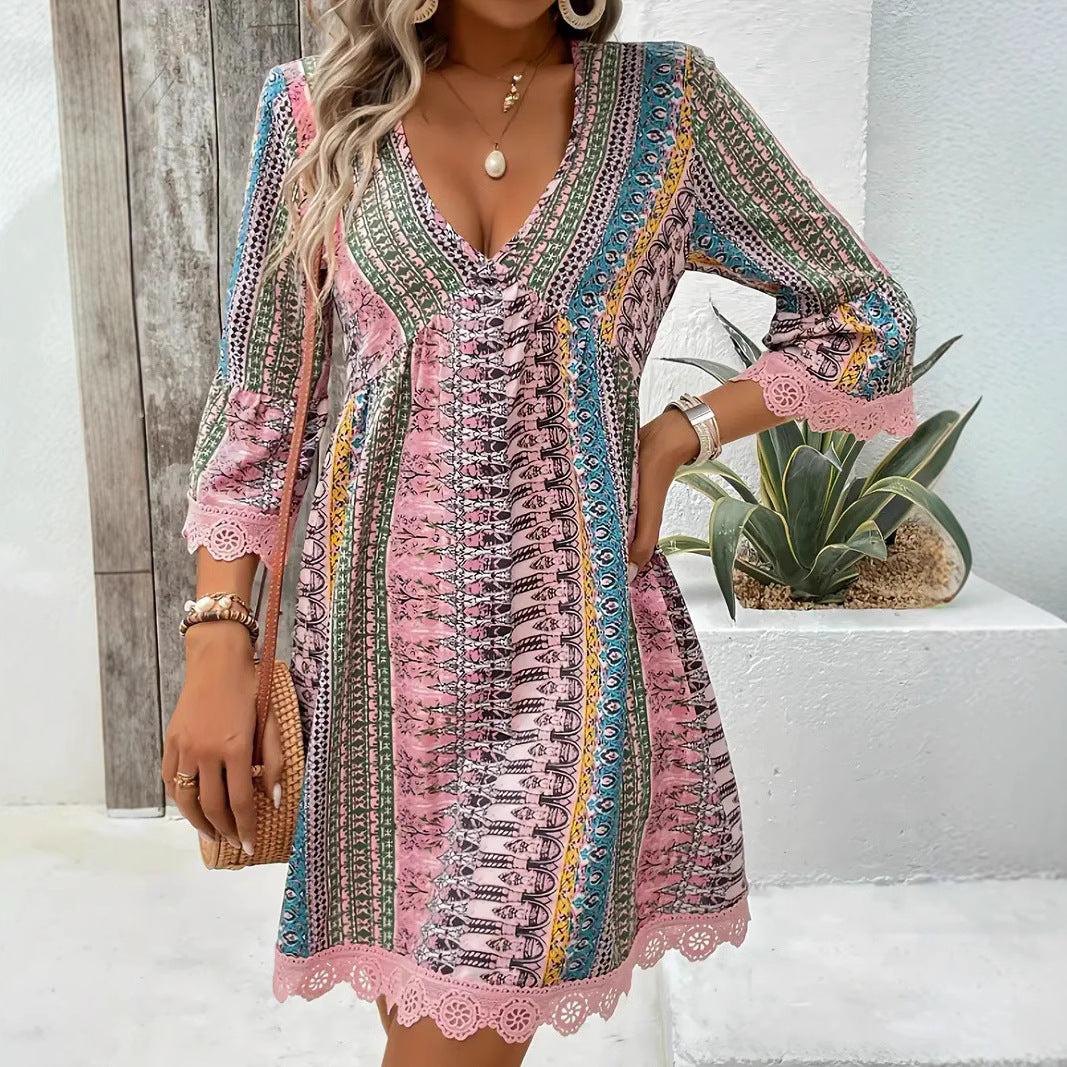 Bohemian Style V-neck Printed Dress Fashion