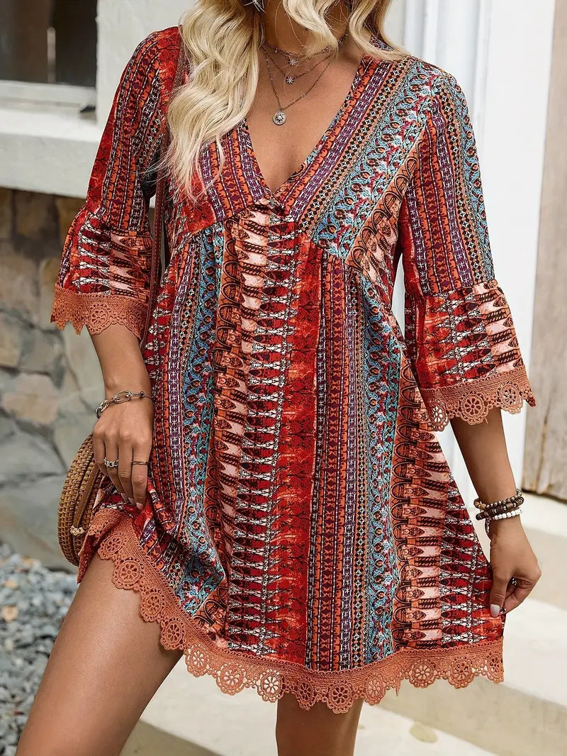 Bohemian Style V-neck Printed Dress Fashion