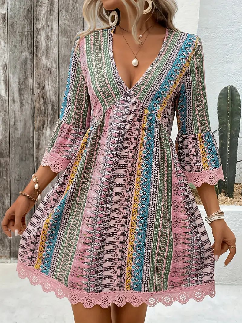 Bohemian Style V-neck Printed Dress Fashion