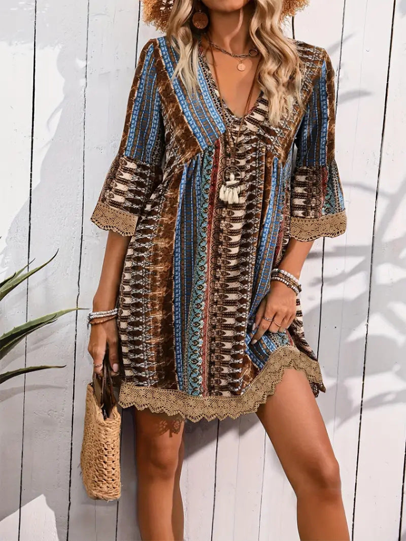 Bohemian Style V-neck Printed Dress Fashion
