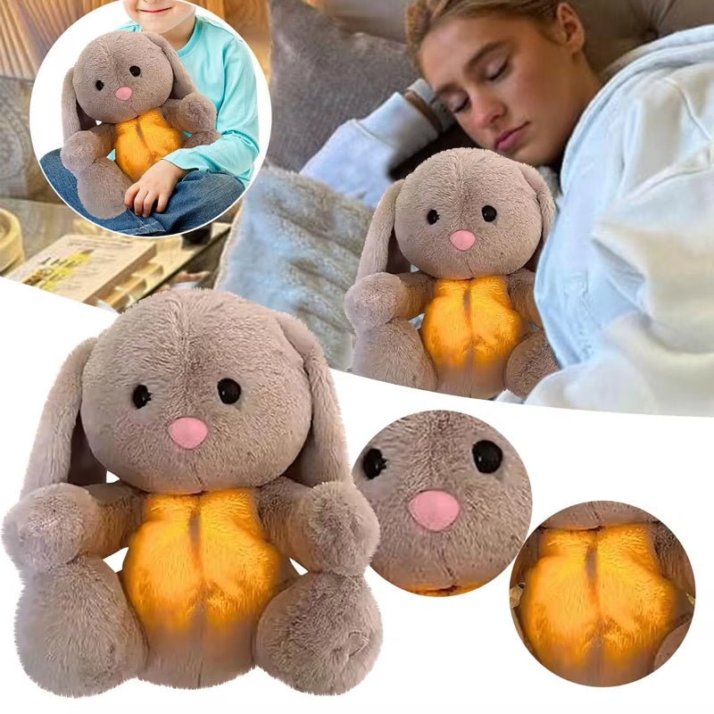 Plush bunny toy with glowing belly, shown in various settings including a person holding it and someone lying down with it.
